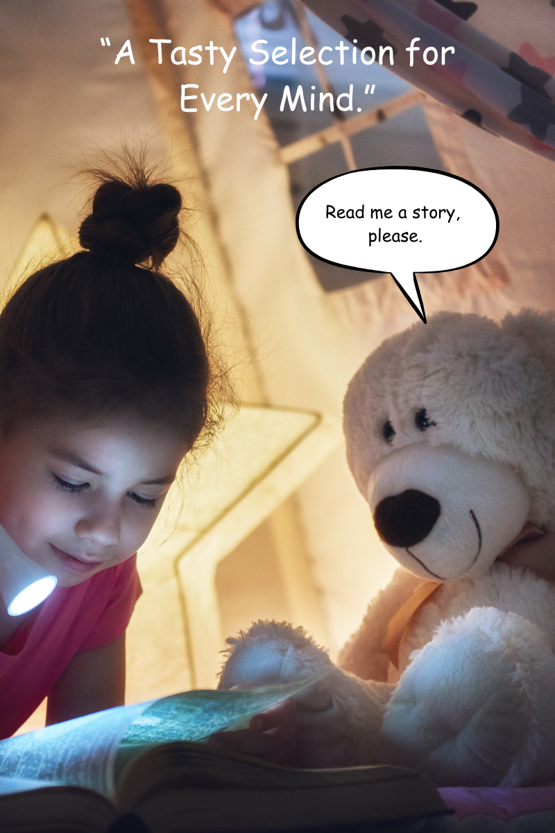 A little girl sitting cross-legged on the floor, reading a book aloud to her teddy bear, who is propped up beside her and facing the book.